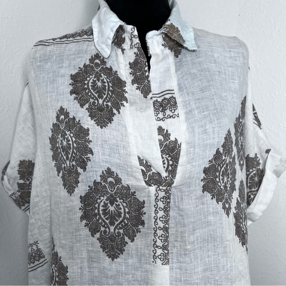 Milio Milano Linen Damask Print Top Women’s Size: Medium  Color: White/Tan - Picture 2 of 8